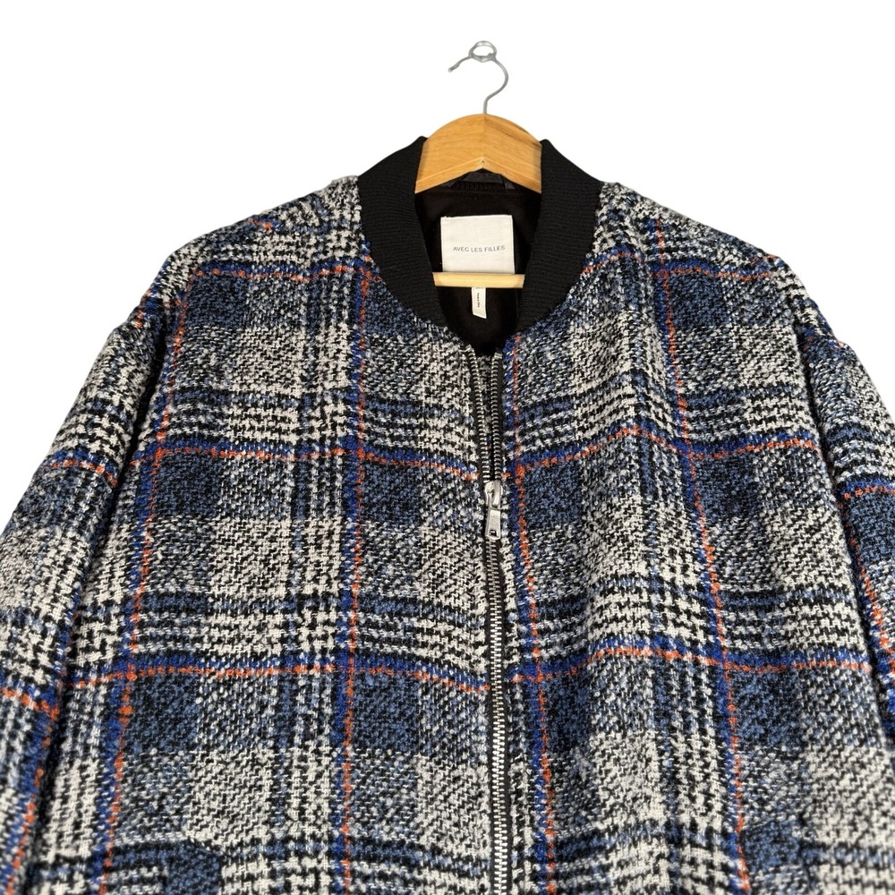 Avec Les Filles Womens XXL Blue Plaid Wool Blend Tweed Bomber Jacket